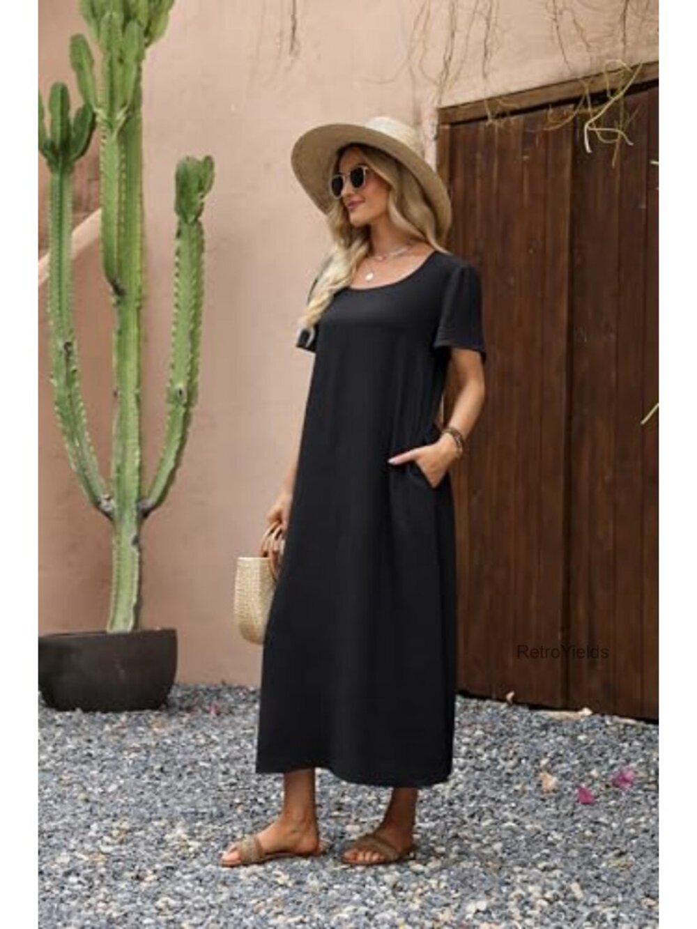 Womens Maxi Dress Flowy Casual Short Sleeve Summer Beach Lightweight Pocket - Picture 2 of 6
